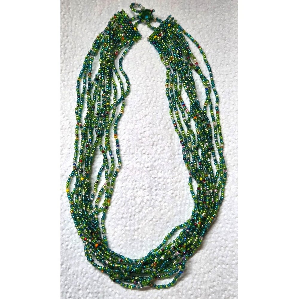 Multicolor Green, Blue, Orange Glass Seed Beaded Multi Strand Necklace